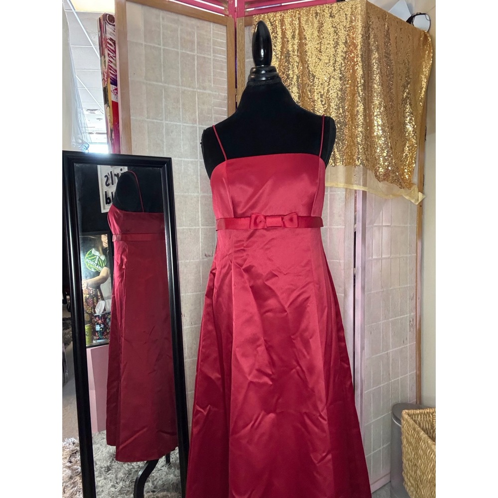 Davids Bridal Red Satin A-Line Formal Gown Dress with Bow Waist Size 12